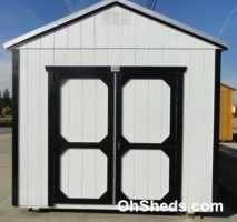 Old Hickory Sheds 10'x16' Utility Shed Painted Gap Gray with Metal Roof Front View