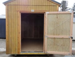 Old Hickory Sheds 8'x12' Utility Shed Stained Honey Gold Door Open View