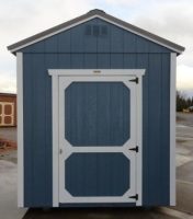 Old Hickory Sheds 8'x12' Utility Shed Painted Smokey Blue with Metal Roof Front View