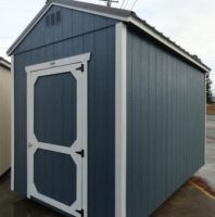 Old Hickory Sheds 8'x12' Utility Shed Painted Smokey Blue with Metal Roof Side View