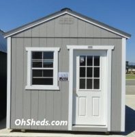 Old Hickory Sheds 10'x16' Utility Tiny Room Painted Gap Gray with Charcoal Metal Roof Front View