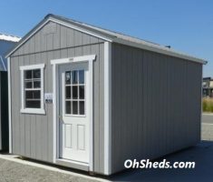 Old Hickory Sheds 10'x16' Utility Tiny Room Painted Gap Gray with Charcoal Metal Roof Side View